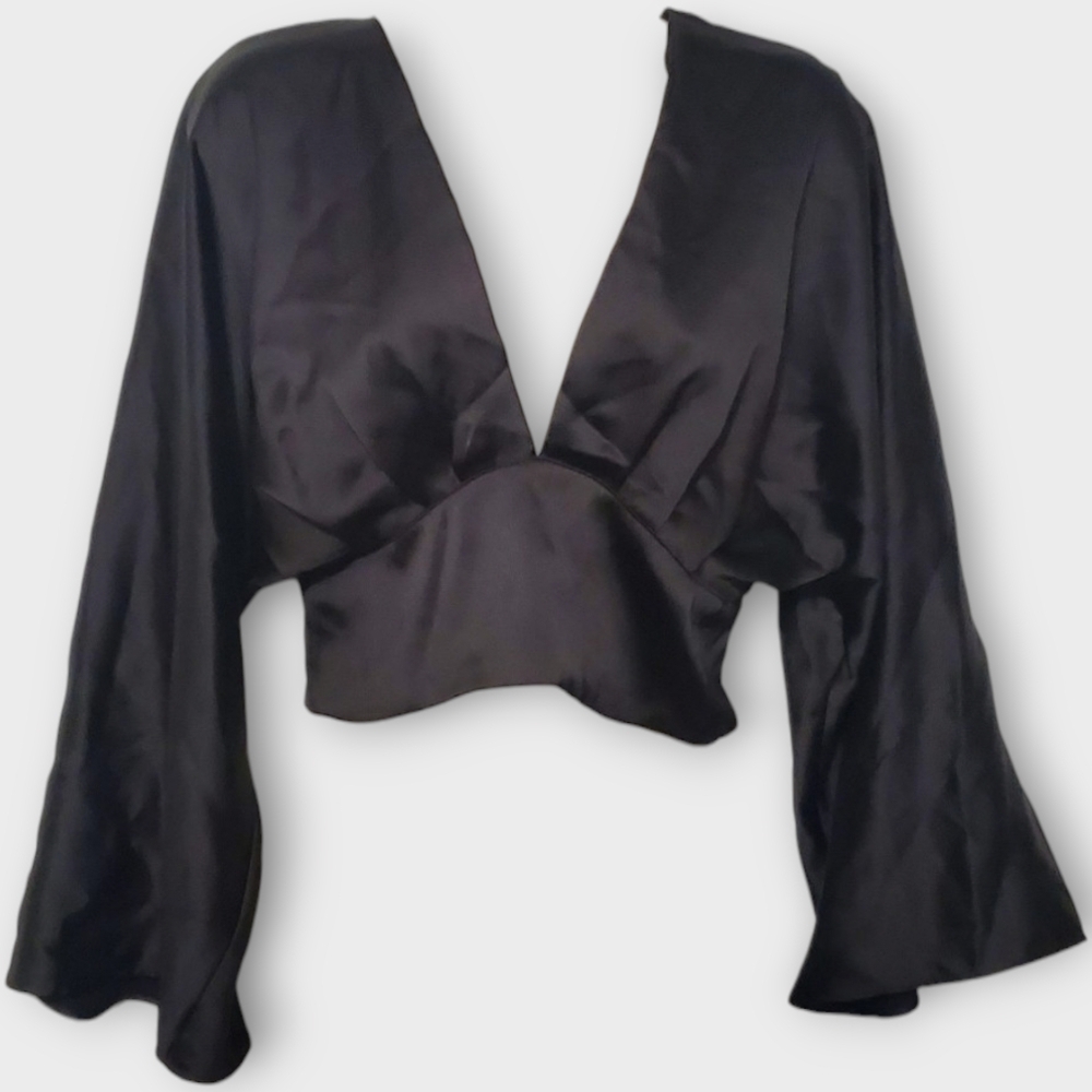 Zara Women's Black Open Back Satin Cropped Flared Sleeve Top Size Medium